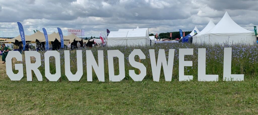 White lettering spelling Groundswell with flowers and tents in the background
